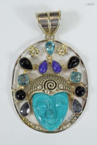 LARGE STERLING SILVER TURQUOISE FACE PENDANT