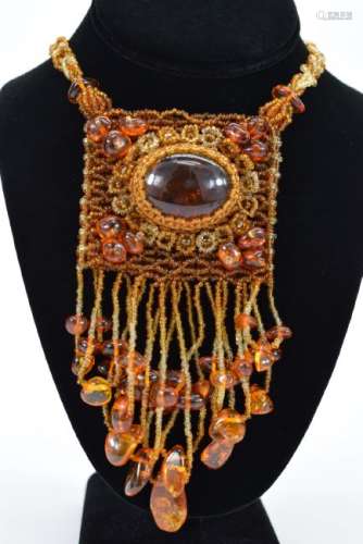 RARE AMBER WOVEN BEADED POUCH NECKLACE