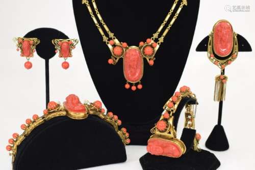 COSTUME GOLD & CARVED CORAL CAMEO JEWELRY SUITE