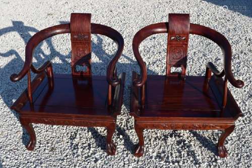 2 CHINESE CARVED ROSEWOOD HORSESHOE BACK CHAIRS