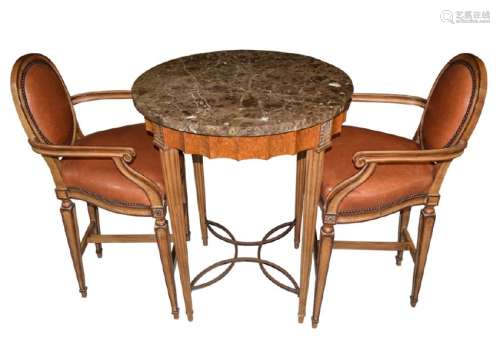 SPANISH HIGH TOP MARBLE TOP TABLE & 2 TALL CHAIRS