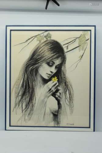 FRAMED ART  GIRL W/ YELLOW FLOWER SIGNED SANDY