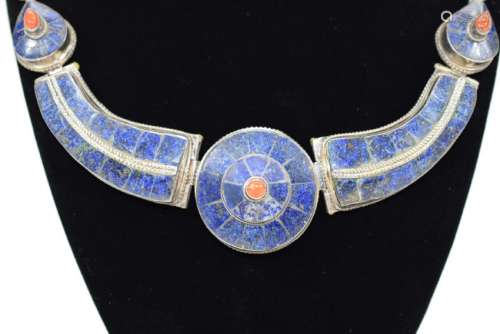 LAPIS LAZULI & CORAL TRIBAL STERLING NECKLACE