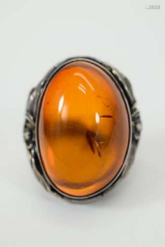 STERLING SILVER & AMBER CABOCHON FLORAL RING