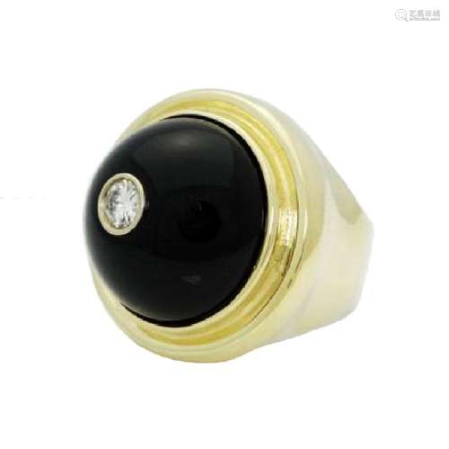 14k Gold Cabochon Black Onyx & 0.40ct Brilliant Diamond