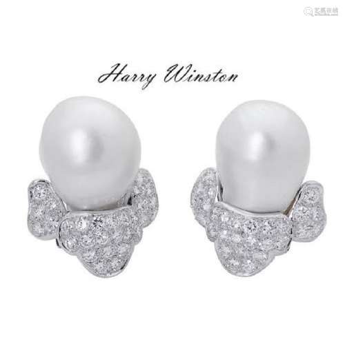 Harry Winston PT 3.50 TCW Diamond & Pearl Clip Earring