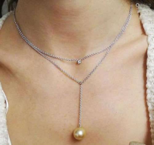 14k Gold 12mm Pearl Diamond Double Pendant & Necklace