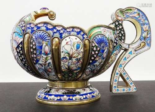 LARGE RUSSIAN SILVER ENAMEL KOVSH