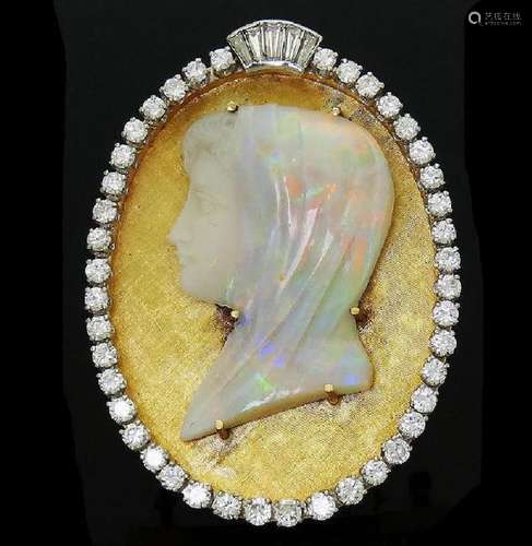 14k Gold 4.00 TCW VS1 G Diamond & Hand Carved Opal