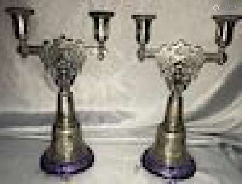 RUSSIAN SILVER ENAMEL CANDLESTICKS STAMPED & MARKED