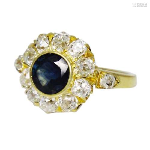 Antique Cluster 18K 2.5CT Diamond & Sapphire Ring