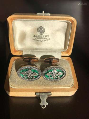 Russian Enamel Oval Green Gold Diamond Cufflinks