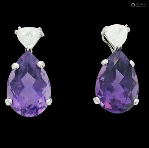 14k Gold 1.85 TCW Diamond & Amethyst Dangle Earrings