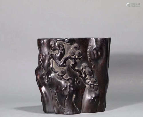 A ZITAN WOOD CARVED BRUSH POT