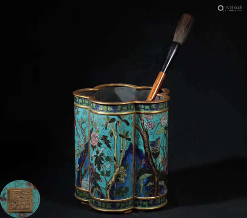 A CLOISONNE FLORAL AND BIRD PENDANT BRUSH POT