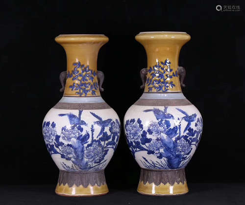 PAIR BLUE AND WHITE FLORAL PATTERN VASES