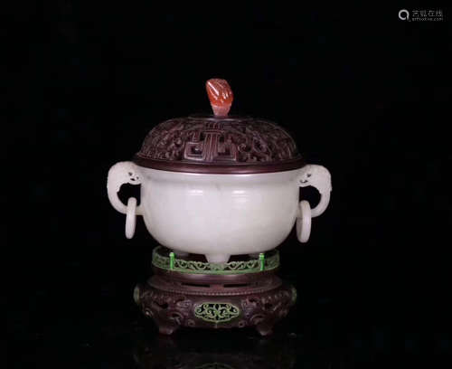 A HETIAN WHITE JADE CARVED DOUBLE EARS CENSER