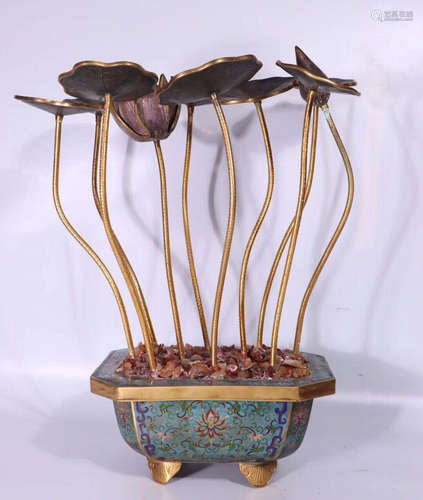 A CLOISONNE DECORATED LOTUS BONSAI