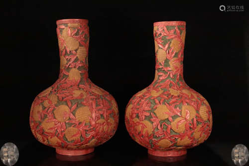 PAIR RED LACQUER CARVED PEACH PATTERN VASES