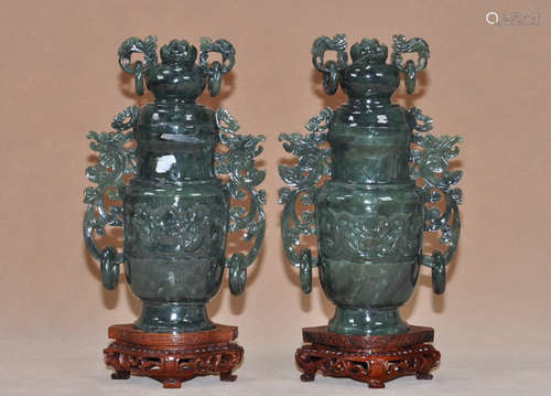 PAIR GREEN JADE CARVED BEAST PATTERN VASES