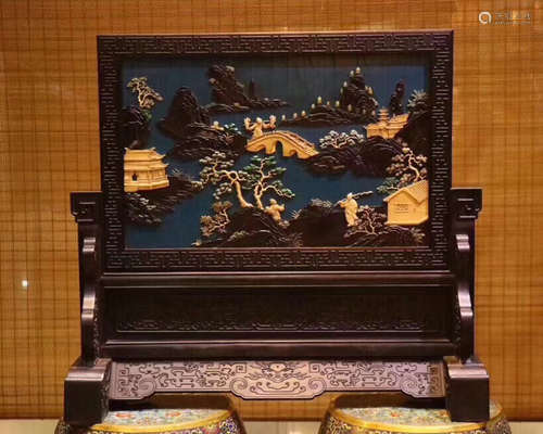 A ZITAN AND LACQUER LANDSCAPE PATTERN SCREEN