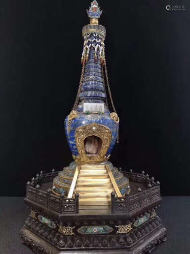 A CLOISONNE GILT LAZULI DECORATED RELIC STUPA