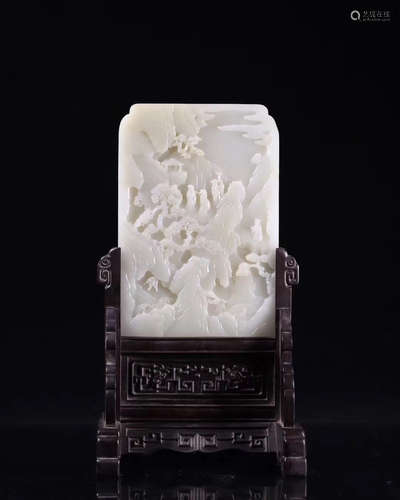 A HETIAN JADE CARVED SCREEN WITH WOOD STAND