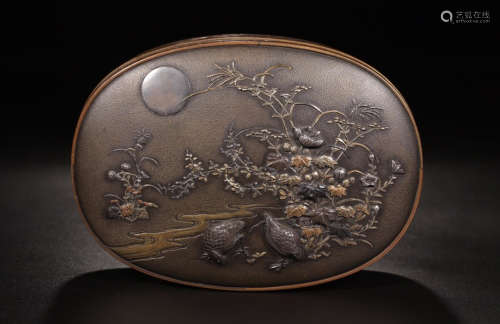 A BRONZE CASTED FLORAL PATTERN OVAL SHAPED BOX