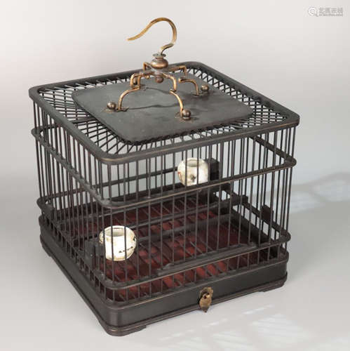 A SUANZHI WOOD BRONZE DECORATED BIRD CAGE