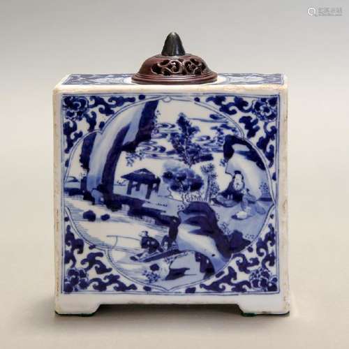 A CHINESE BLUE AND WHITE SQUARE TEA-JAR