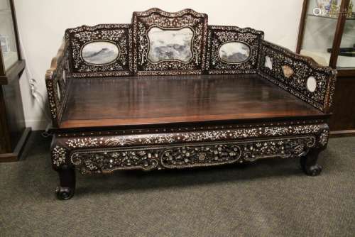A CHINESE CARVED HARDWOOD, MOTHER OF PEARL AND MARBLE