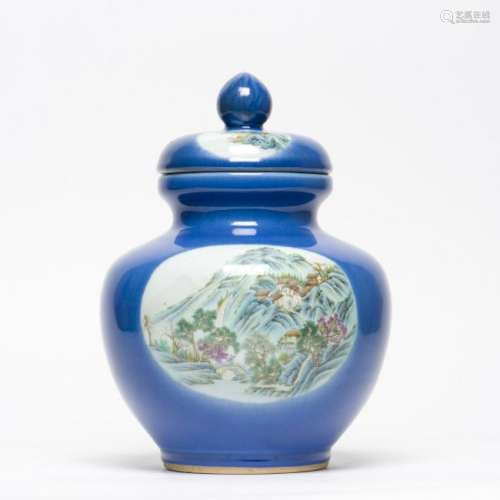 A BLUE GLAZED PORCELAIN JAR WITH COVER, 19TH CENTURY
