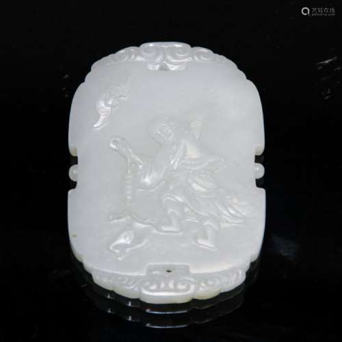 A 'FIGURE' HIGH RELIEF WHITE JADE, QING DYNASTY