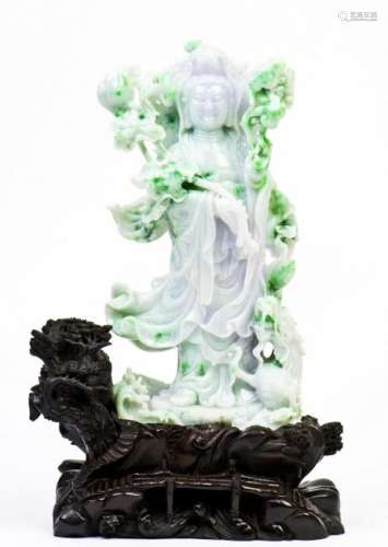 A 'GUAN YIN' JADEITE WITH STAND