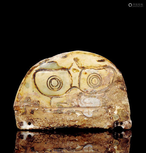 新石器时代 钙化青玉兽面纹饰件