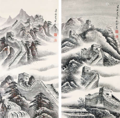爱新觉罗·毓���� 长城风景 （二幅） 挂轴 设色纸本