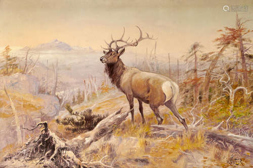 Montana Elk and Landscape 24 x 36in Olaf Carl Seltzer(1877-1957)