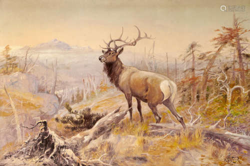 Montana Elk and Landscape 24 x 36in Olaf Carl Seltzer(1877-1957)
