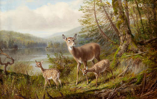 Doe and Fawns 14 x 22in Arthur Fitzwilliam Tait(1819-1905)