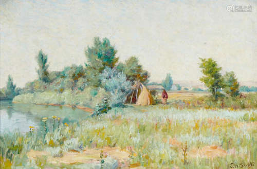 Montana Landscape with Honeymoon Hogan 16 x 24in Joseph Henry Sharp(1859-1953)