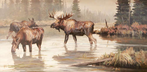Wilderness Water Moose 24 x 48in Ken Carlson(born 1937)