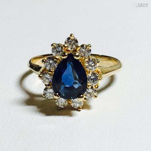 18K Gold, 1.50 Carat Blue Sapphire and Diamond Ring