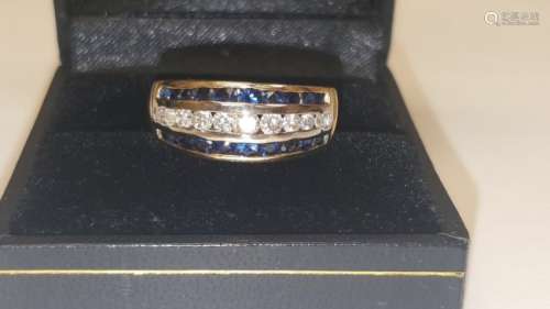 14K Gold, 1.10 Carat Diamond and Blue Sapphire Ring