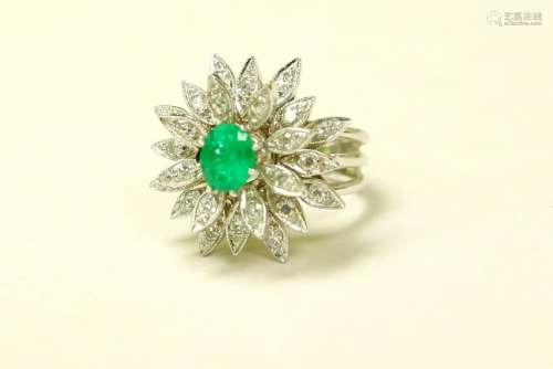 14K White Gold, Emerald & Diamond Cocktail Ring
