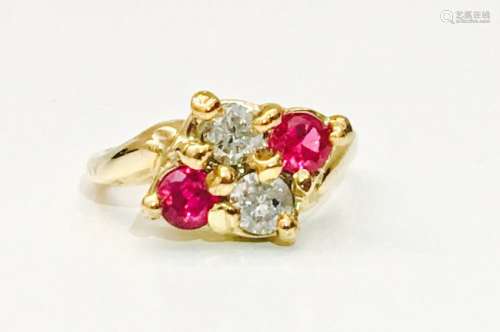 14K Yellow Gold, 2pc Diamond & 2pc ruby ring.
