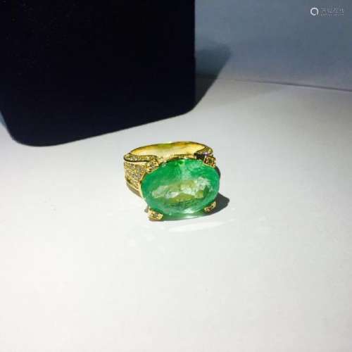 14K, 11.50 Carat Colombian Emerald and Diamond Ring