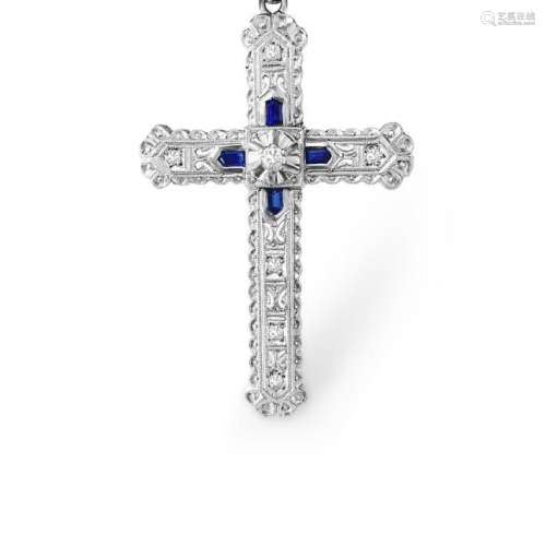 18K Gold, Blue Sapphire and Diamond Cross (Vintage)
