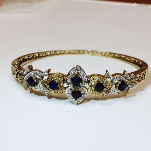 14k Gold Diamond & Blue Sapphire Bracelet / BANGLE