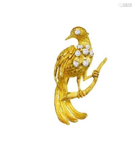 18K Yellow Gold, VVS Diamond Vintage Bird Pin