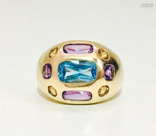 14K Gold, Retro Style Vintage Multi Gemstone Ring